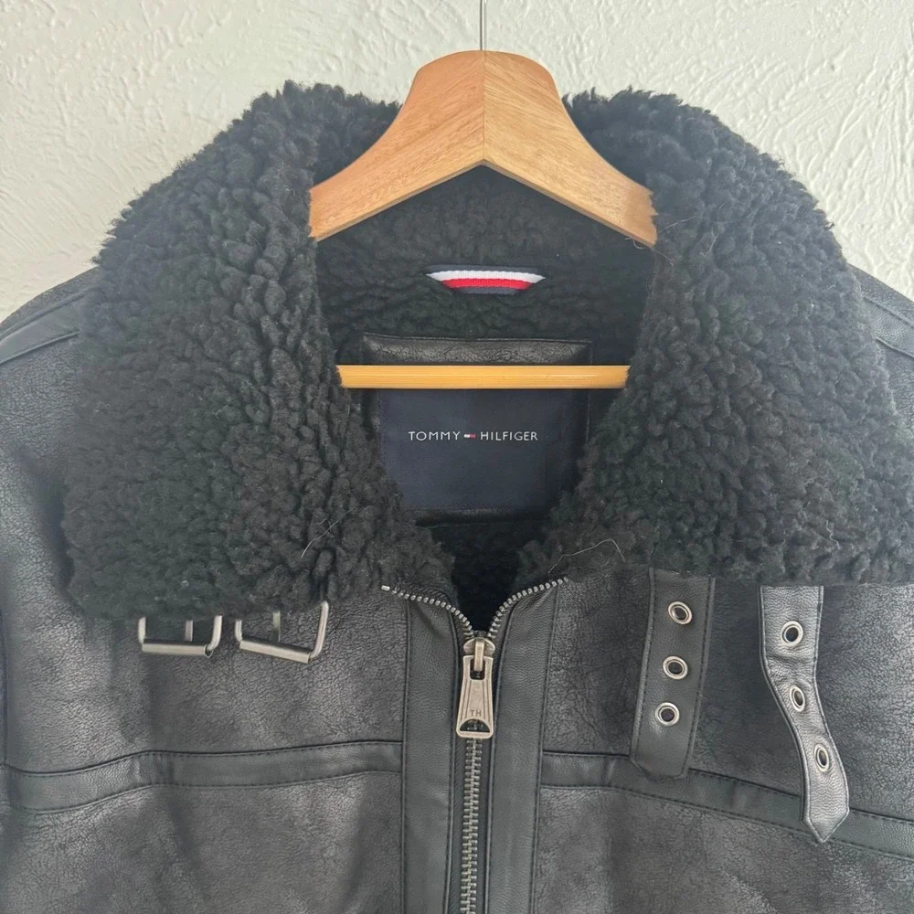 Tommy Hilfiger Men's Black‎ Faux Leather Shearling Lined Aviator Jacket Size L